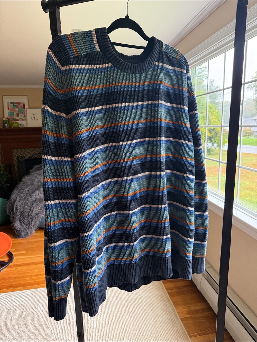 L.L. Bean Men's Navy Crewneck Sweater with Teal and Orange Stripes